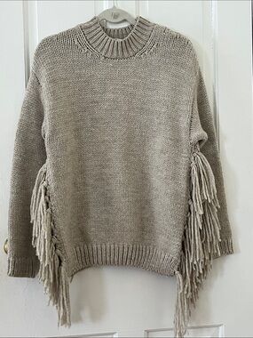 Zara Fringe Crewneck Sweater - Light Taupe